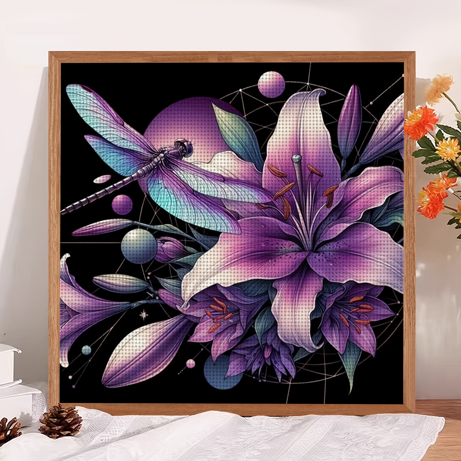 Cross-Stitch Kit, Purple Lily and Dragonfly Design