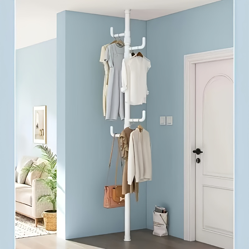 Adjustable Height Clothes Rack Rod with 4 Hooks, No Installation