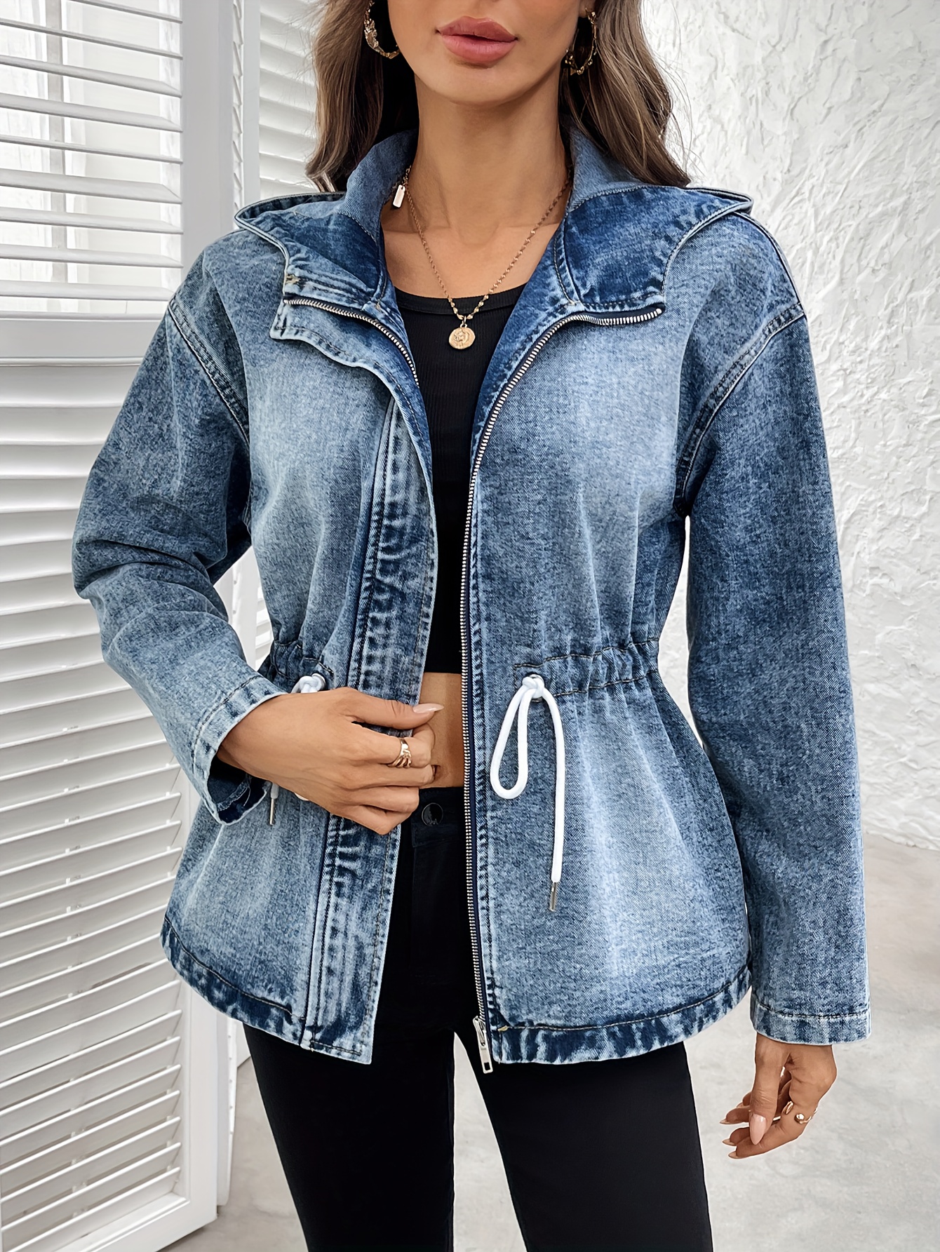 Women s Drawstring Hooded Denim Jacket, Spring/Autumn Waist-Cinching Short Trench Coat, Short Jean Jackets for Women Elegant, Plus Size Jean Jacket, Jean Coat Clothes Women, Lightweight Jacket for Women, Jean Jackets for Women High Quality, Cropped Jean Jacket Women, Fall Jackets for Women, Womens Jean Jackets, Fleece Jean Jacket Women, Long Jean Jacket Women, Lightweight Layering, Casual Wear, Cropped Fit, Elegant Style, Denim Fabric, Machine Washable, Women s Outerwear,