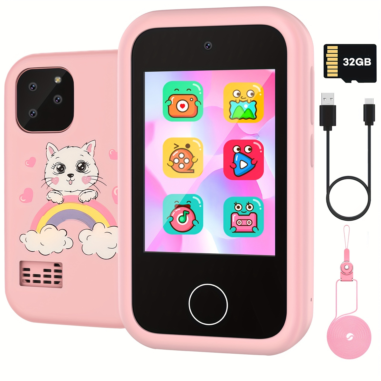 

Mobile Phone Toy , Kid Phone Pink Kittens, Dual Camera, 1080p Hd Touchscreen And Games With 32g Sd Mp3, Gifts For Girls, Birthday Gift