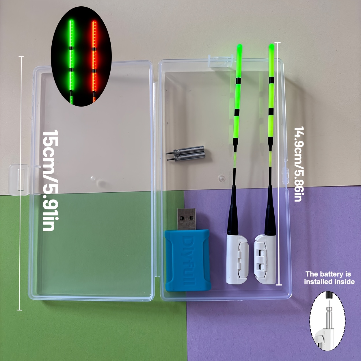 TEMU 2 baterías y 2 luces de alarma que cambian de color para anzuelos de pesca, 1 cargador y 1 de almacenamiento, accesorios de pesca, herramientas