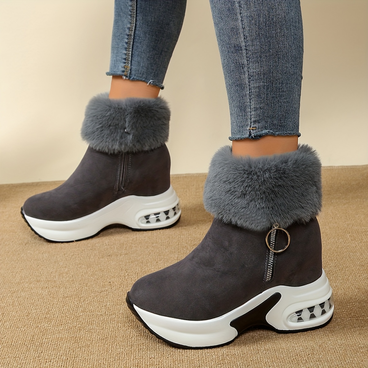 TEMU Autumn/winter Women's Home & Outdoor Fuzzy Shoes, Comfortable Fashionable Thick-lined Height-increasing Boots, Women Shoes