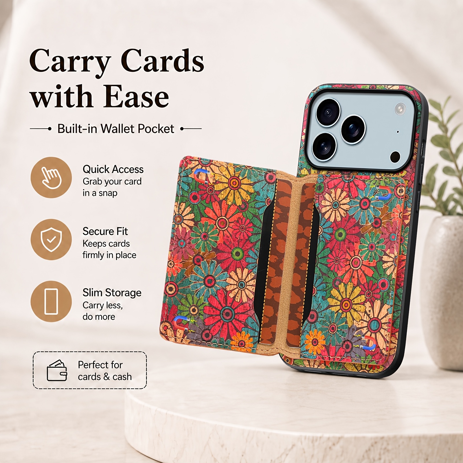 phone case   wallet phone case for iphone 17 to 12 series with a   card holder 3 cards increased camera protection floral printing cork material shockproof protection hand made high quality   for women and Product details 2