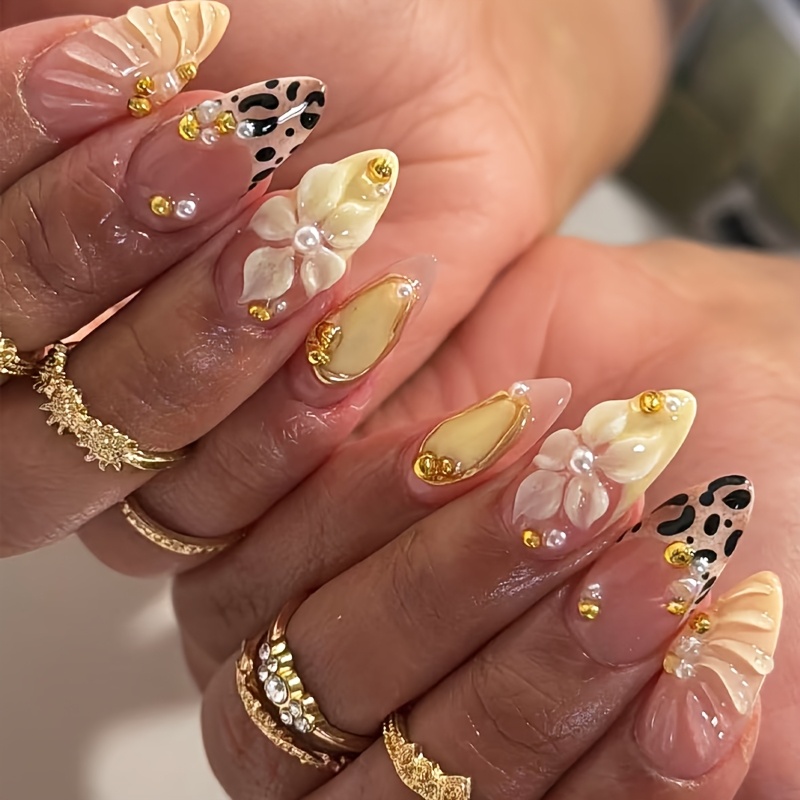 TEMU 24pcs Medium Long Almond Press-on Nails Leopard Yellow 3d Flower Accent Glossy Full Cover Reusable Fake Nails Nail Tips Press-on Nails Set Nail