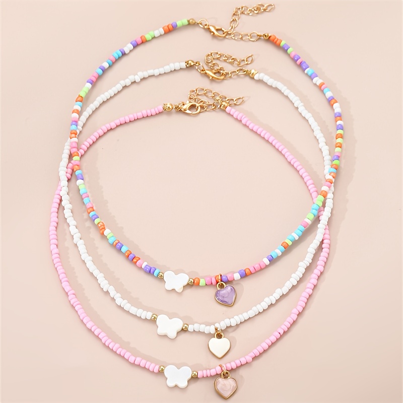 3pcs Bohemian Style Cute Shell Butterfly Pendant, Oil-Drop Heart Charm Beaded Necklace Set with Mixed Color Rice Beads, for Teenager