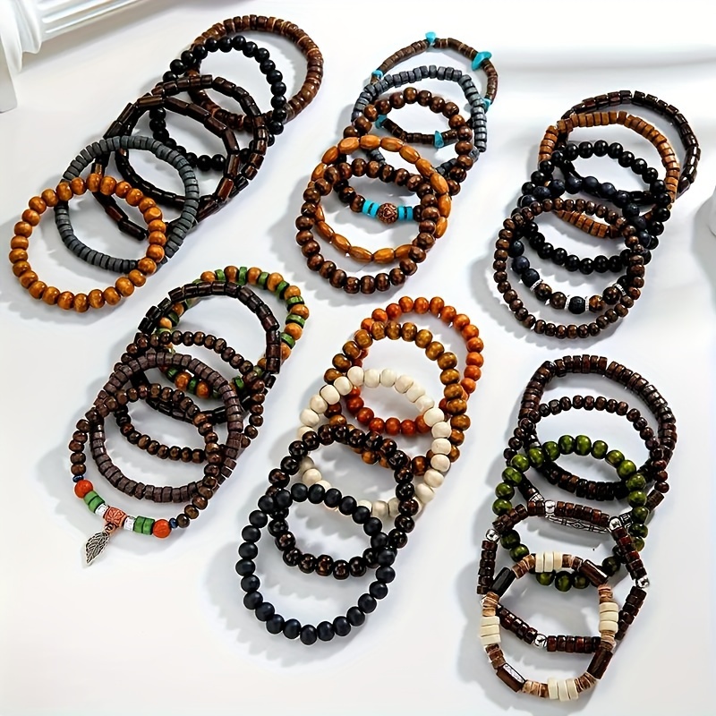 

31-piece Men' Beaded Bracelet Set - Fashionable Western-style Wooden Bangle Collection, Ideal For And