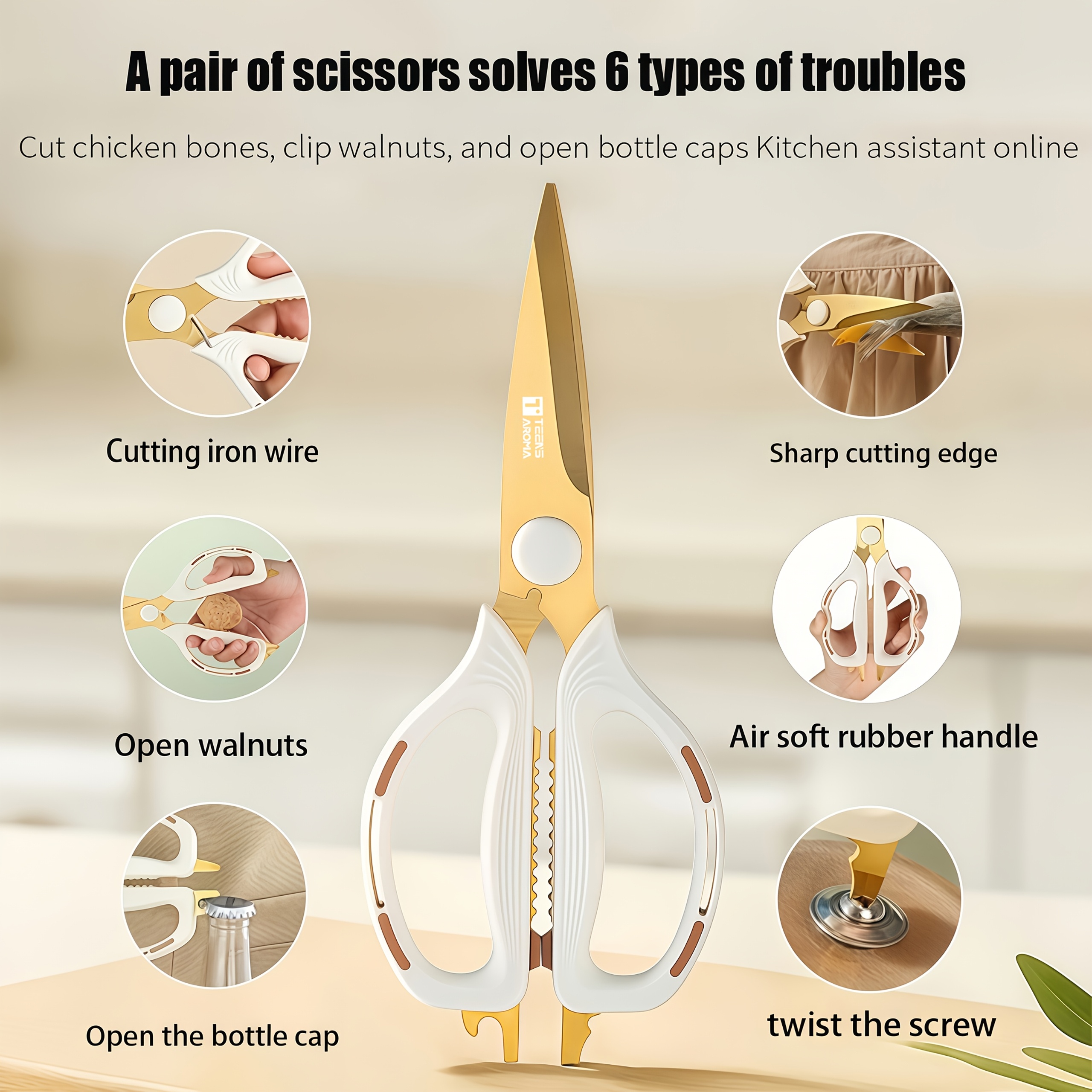 TEMU 1pc Heavy-duty Stainless Scissors Suitable & Office, Multi- Meat Shears With Sharp , Rust-resistant Golden Suitable For Vegetables, Salad,