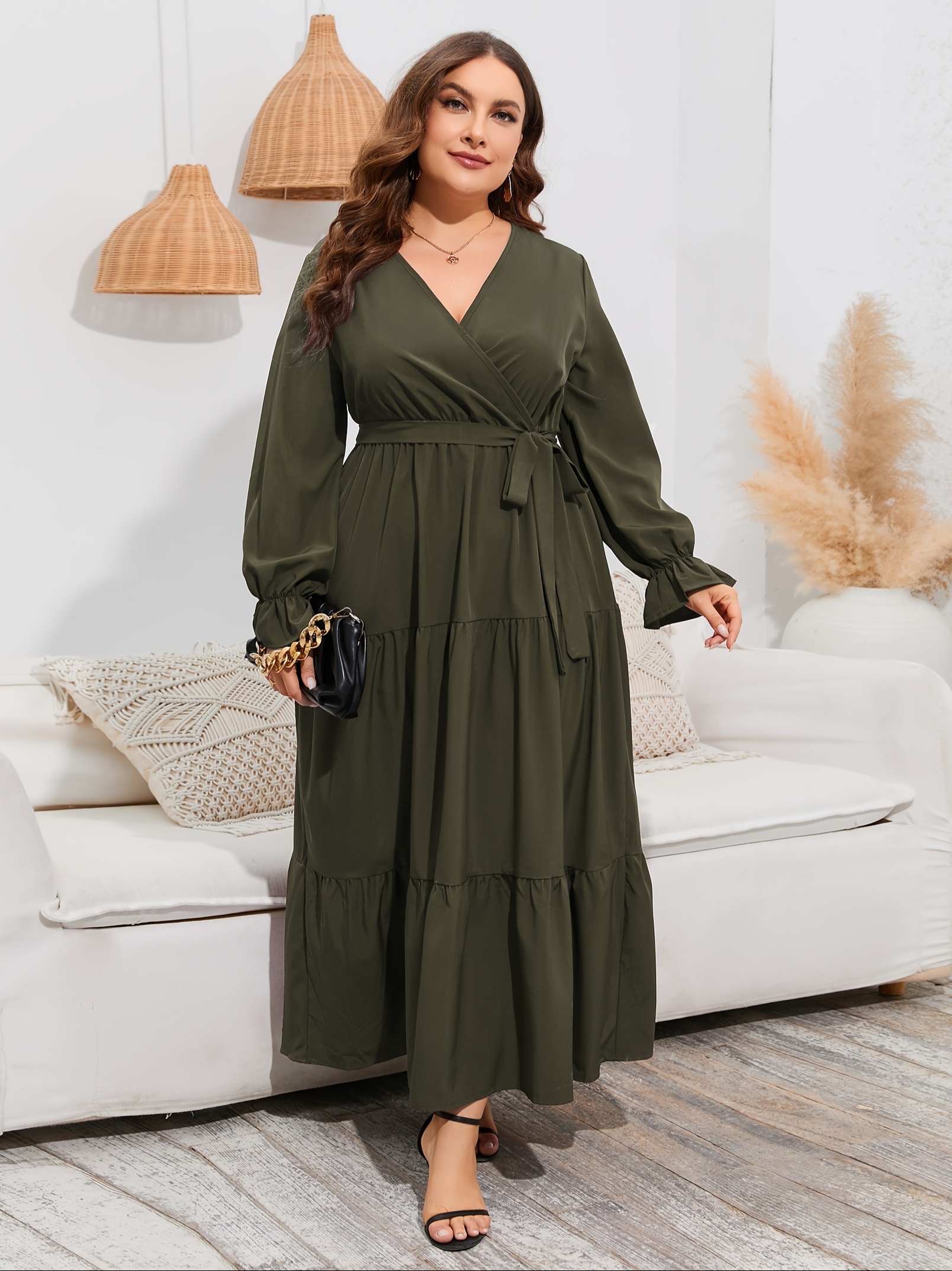 womens plus size v neck wrap long sleeve maxi dress high - Temu