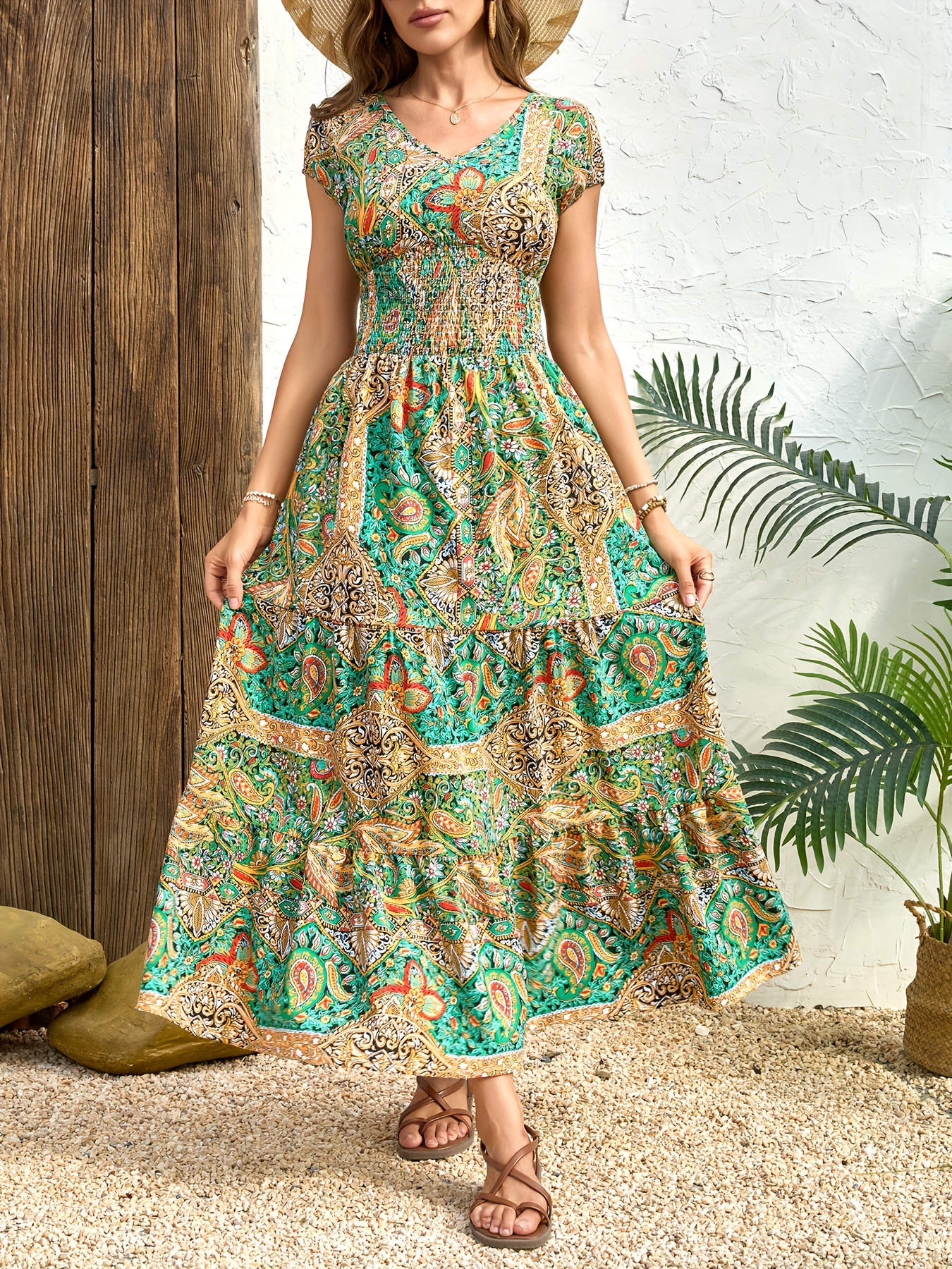 womens long dress casual summer floral print short sleeve - Temu