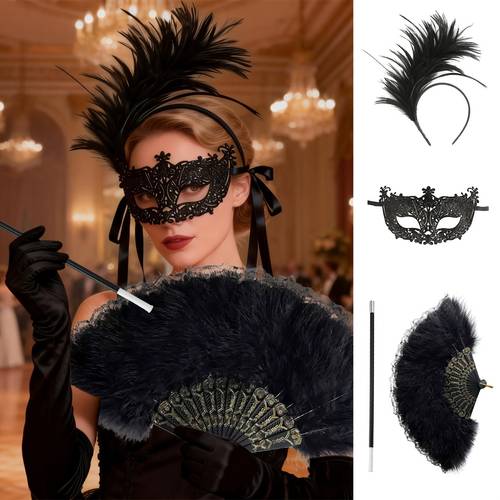 4pcs 1920s masquerade set with black feather headband lace masquerade fan long gloves gothic themed parties stage performances mysterious character costumes daily dinners and