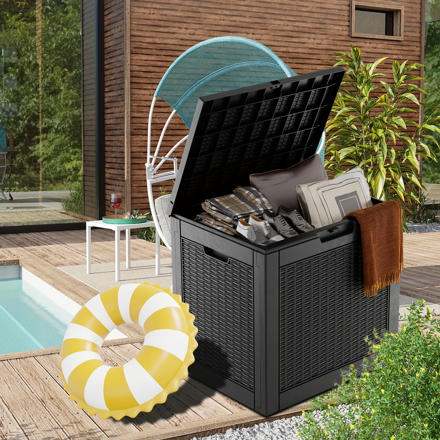 

30 Gallon Rattan Durable Patio Storage Bin, Indoor And Outdoor Water And Sun Protection, Ideal For Storing Indoor And Outdoor Patio Furniture Mats, Outdoor Toys, Pool Accessories, And Beach Towels.
