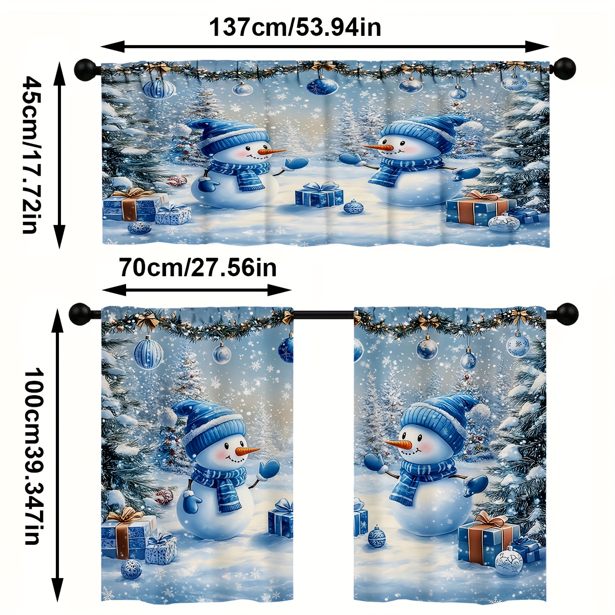TEMU Plat 2D, 3pcs Rideau de Cuisine à Impression Plate 2D, Ensemble de Rideaux à Imprimé Motif Boule de Noël Bleue et de Neige Bleu de Dessin Animé,