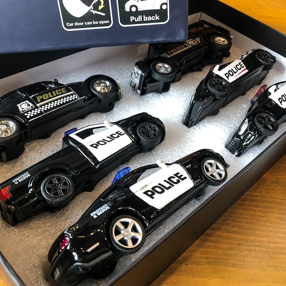TEMU Ensemble de 6 Voitures de Police en Métal Moulé à l'Échelle 1:36, Portes Ouvertables, à Rétrofriction, Boîte Cadeau pour Enfants