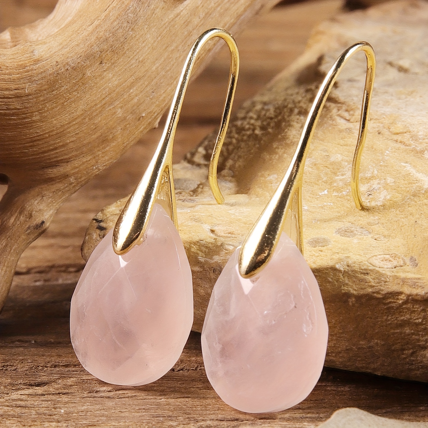 Women's Natural Pink Quartz Teardrop Dangle Earrings, Elegant
