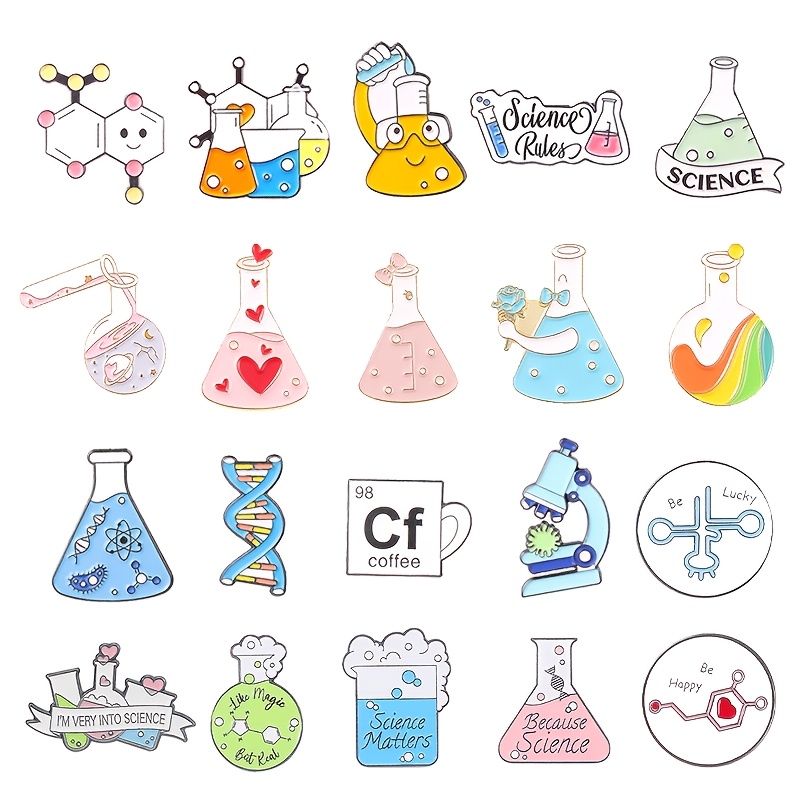 TEMU 20pcs Science-themed Cartoon Enamel Brooch Pins - Cute Chemistry Lapel Badges For Shirts, Bags & Clothing - Alloy Fashion Accessories - Perfect Gift For ,