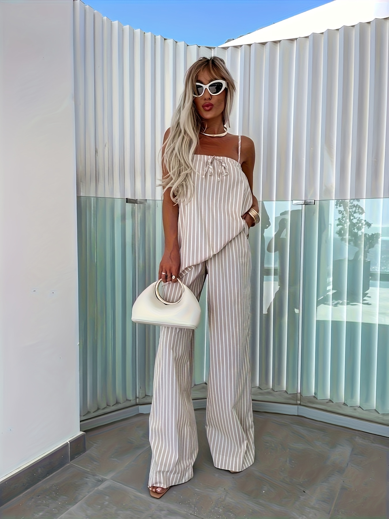 conjunto pantalones anchos mujer rayas verticales beige Temu Uruguay