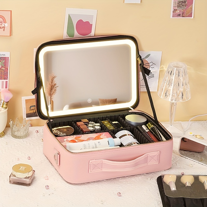 

Travel Makeup Bag Cosmetic Bag Makeup Organizer Bag With Lighted Mirror 3 Color Scenarios Adjustable Brightness, Waterproof Makeup Train Case