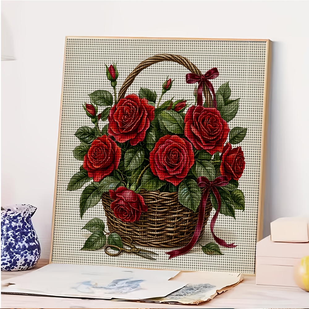 DIY Cross-Stitch Printed Kit, Woven Basket with Red Roses