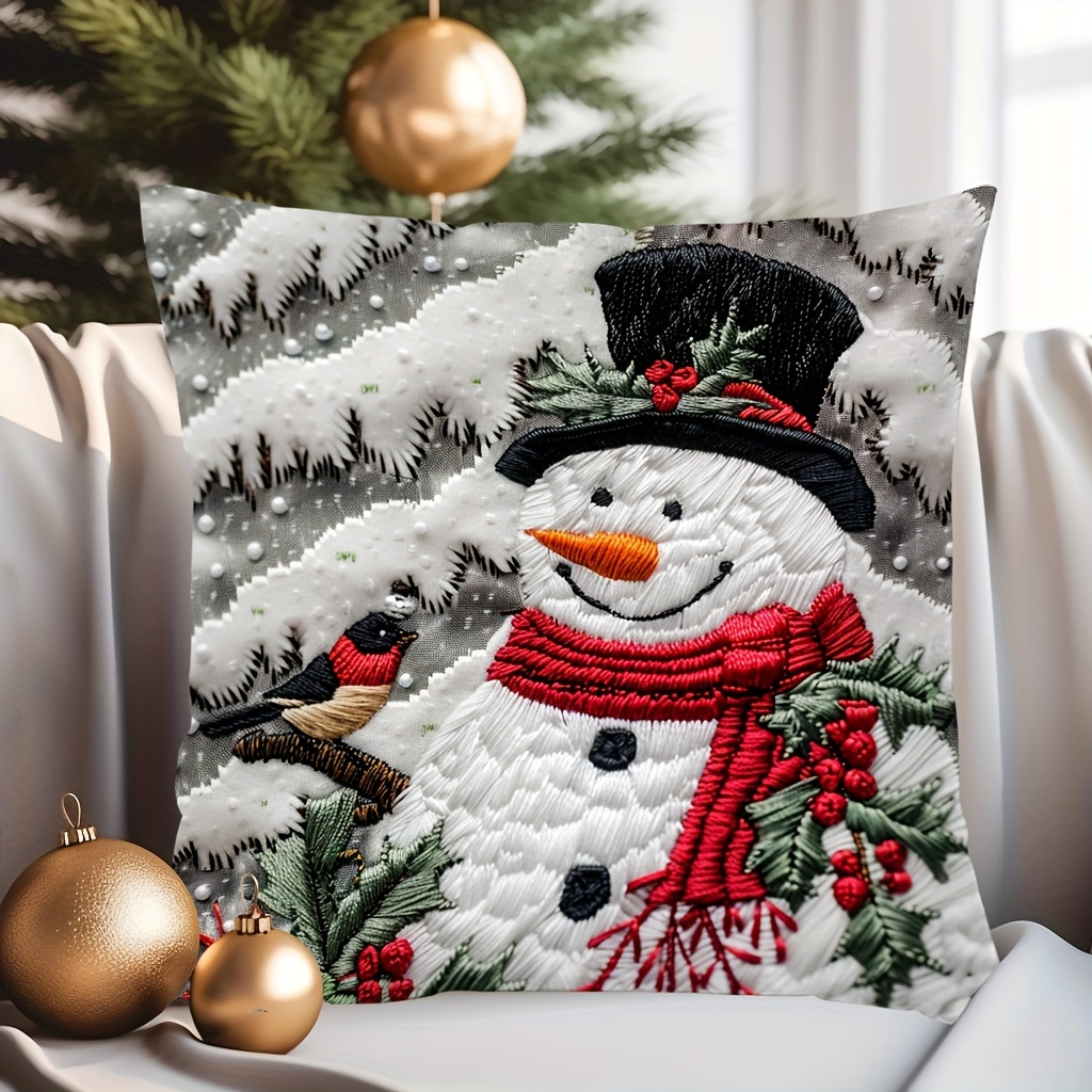 

1pc Contemporary Christmas Snowman Throw Pillow Cover, 17.7" X 17.7" Woven Polyester With Zipper Closure, Decorative Single-sided Digital Print Cushion Case For Various Room Types - Hand Wash Only