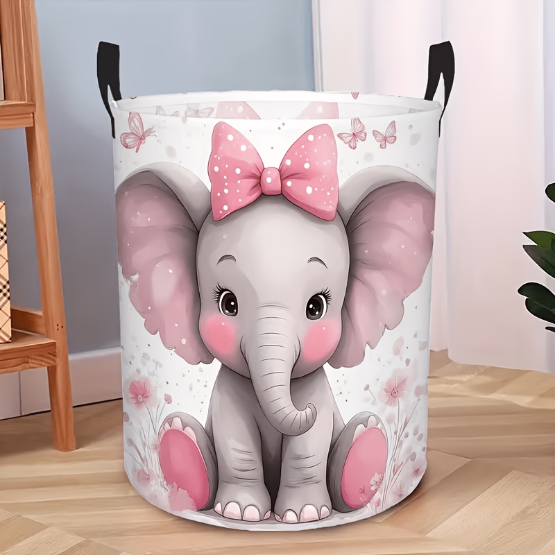 TEMU 1 Cute Pink Elephant-patterned Laundry Basket With A Handle, A Round And Foldable Basket. Suitable For Laundry Rooms, Bathrooms, Dormitories,