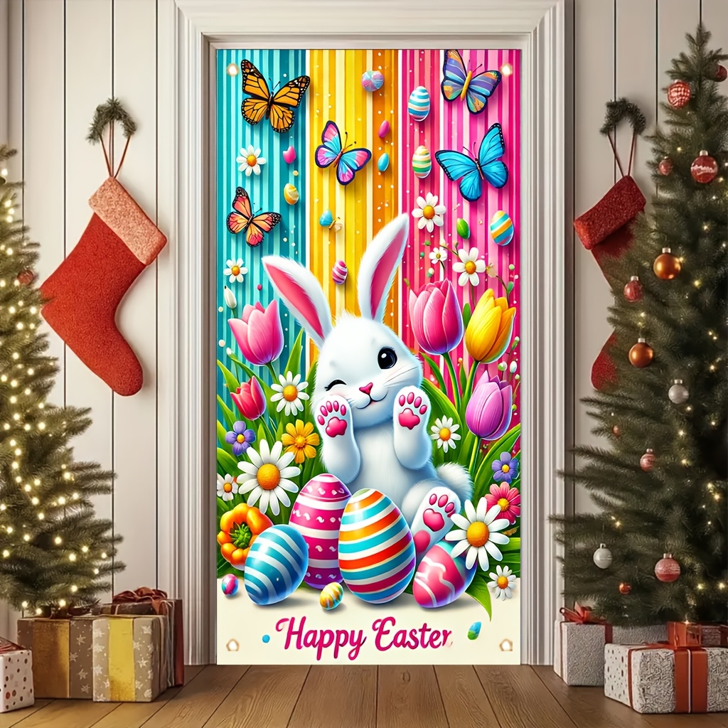 

2d Door Banner, 1pc Bunny Door Banner - 35 X 70 Inch Polyester Hanging Decoration With Colorful Eggs, Butterflies & Flowers For Front Porch, Party, Or Seasonal Home Decor, Bunny Accessories