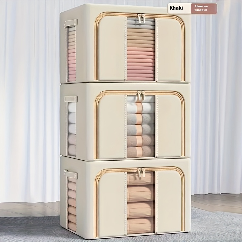item picture 3 pack foldable oxford cloth storage box with metal frame large capacity beige storage box with zipper compartment suitable for home or seasonal clothing organization shelf baskets