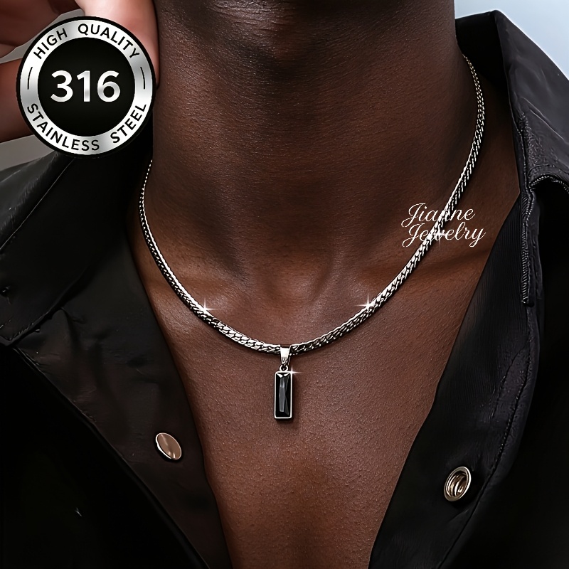 TEMU Men's Fashion 316l 316l 316l 316l 316l Stainless Steel Flat Chain Necklace, With Silvery Woven Chain And Black Square Pendant, Casual