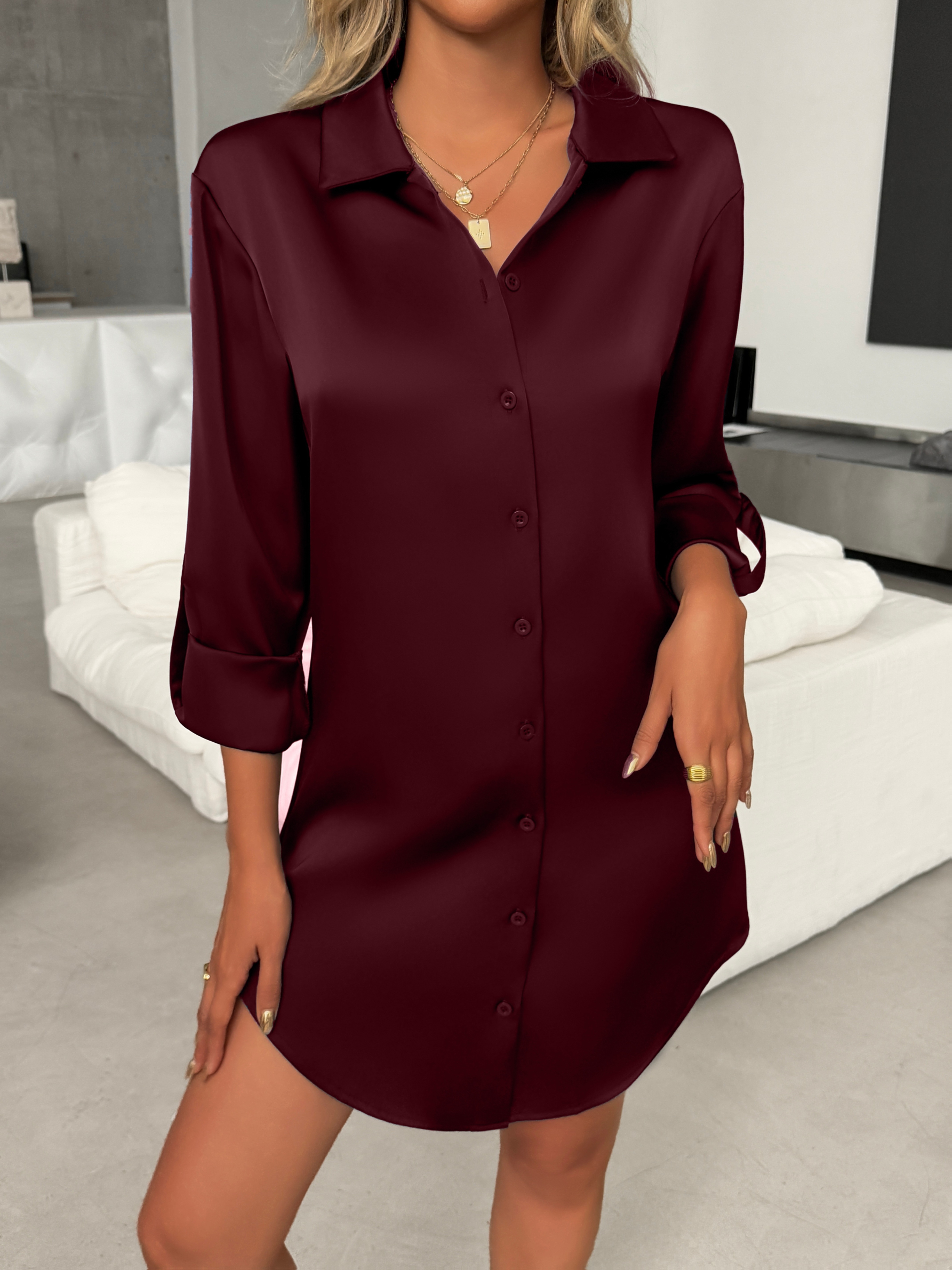 formal dress half shirt solid color neck shirt dress soft elegant button front