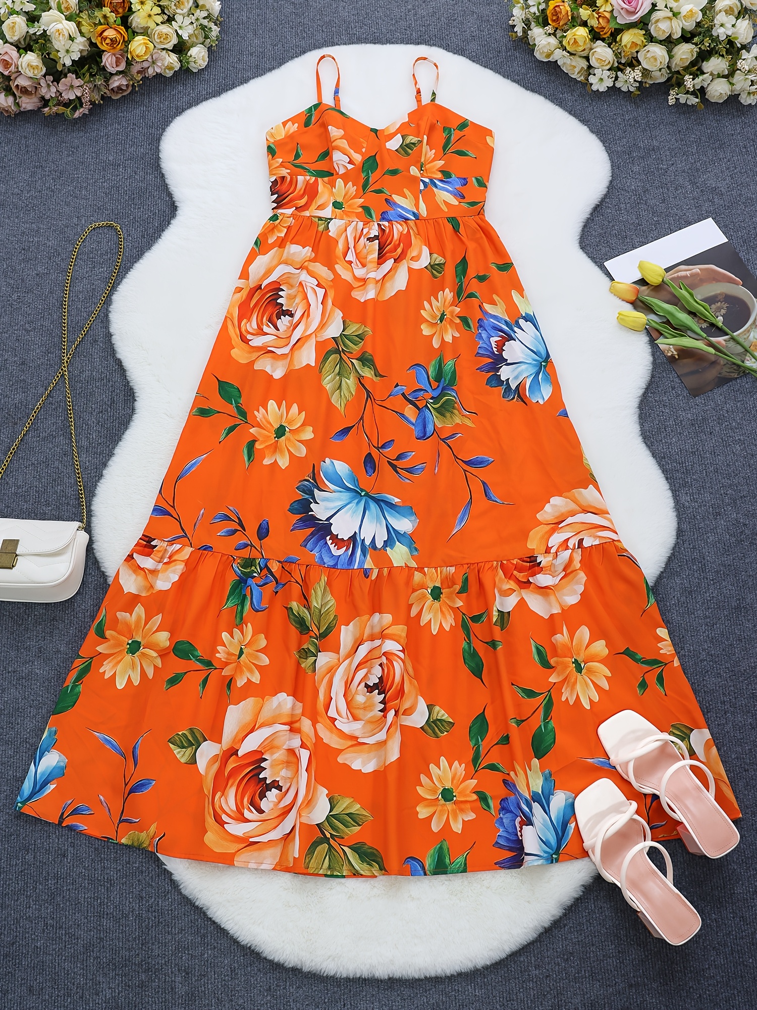 Women'S Floral Print Maxi Dress Vibrant Orange, Pink Blue Flowers,  Off-Shoulder A-* Sleeveless Casual Dress for Spring/Summer/Fall, Cut