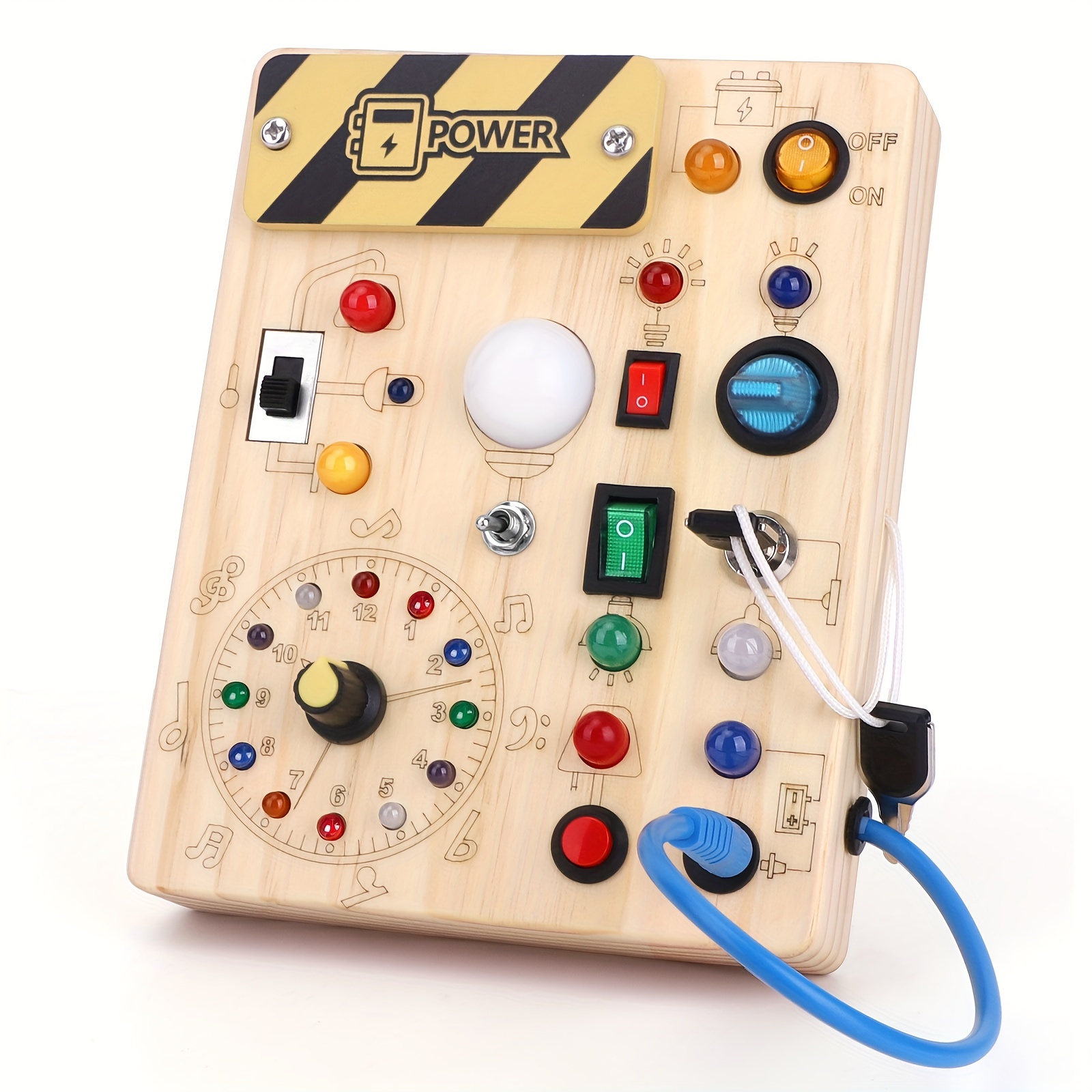 

Toy Clock Wooden Busy Board With 11 Led Light Switches, Sensory Toy For And Over 1 Year Old