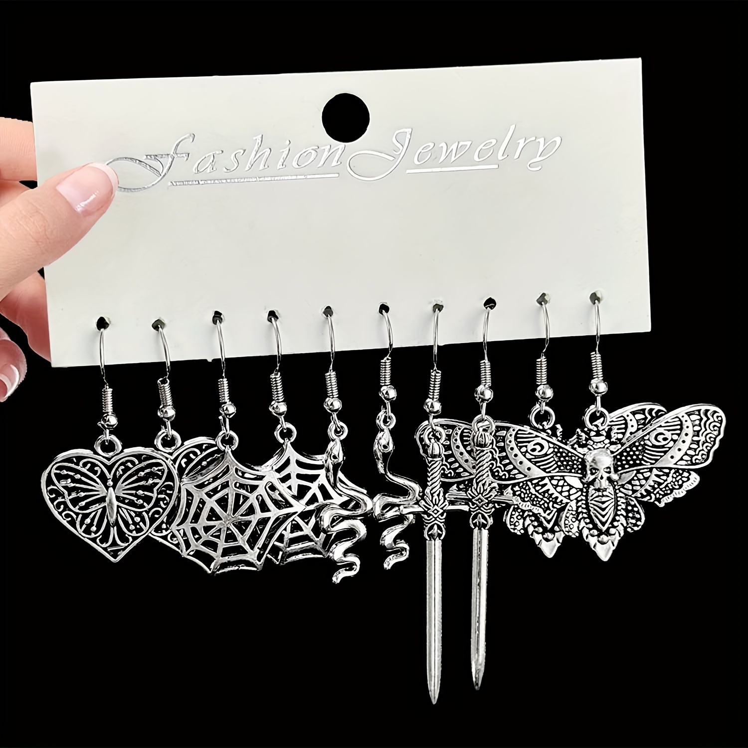 TEMU 5 Pairs/set Antique Silvery Fashion Halloween Earrings, Alloy Skull Moth, Spider, Cat Design Earrings, Jewelry Gifts For Women And