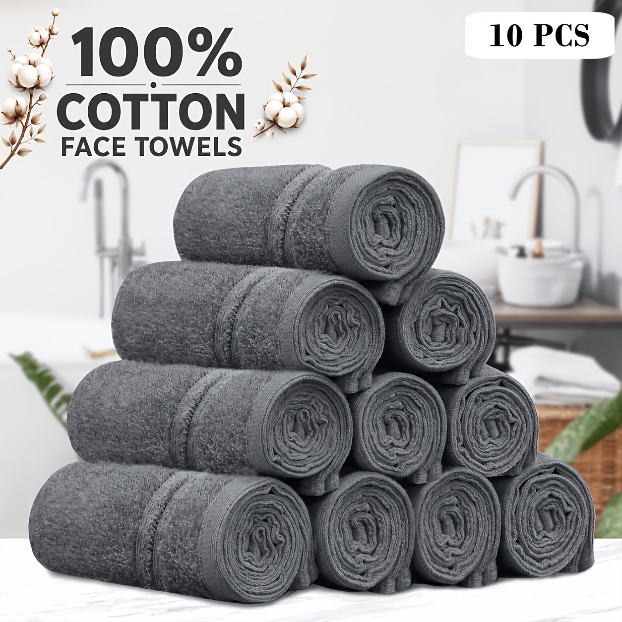 TEMU 10/20pcs 100% Cotton Face Towels Washcloths - 450gsm Soft, Water Absorbent, Quick Dry Towels - Great Ribbon Gift Pack - Famliy, Hotel, Inn, Gym,