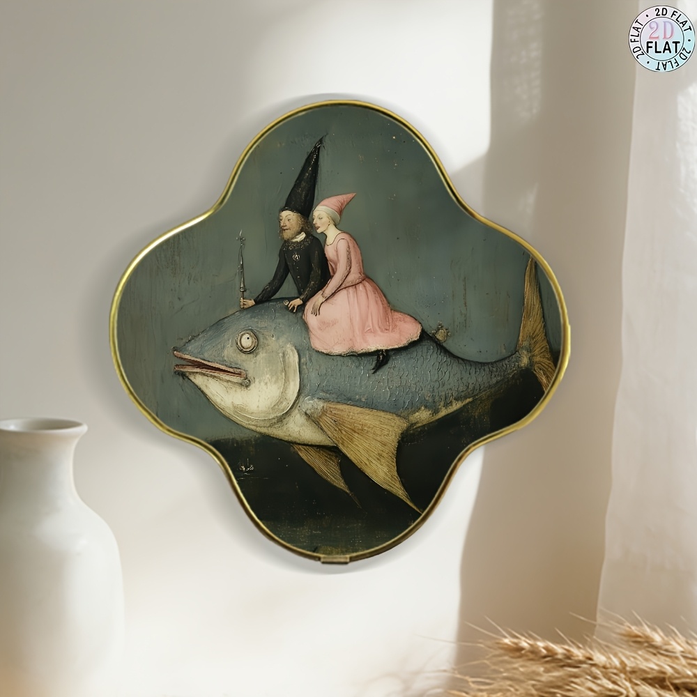 TEMU Art Mural 2D Plat, Plan Bidimensionnel, Plan Bidimensionnel Fantaisie Vintage Foncée pour Homme et Femme Chevauchant un Poisson , Décor Mural à