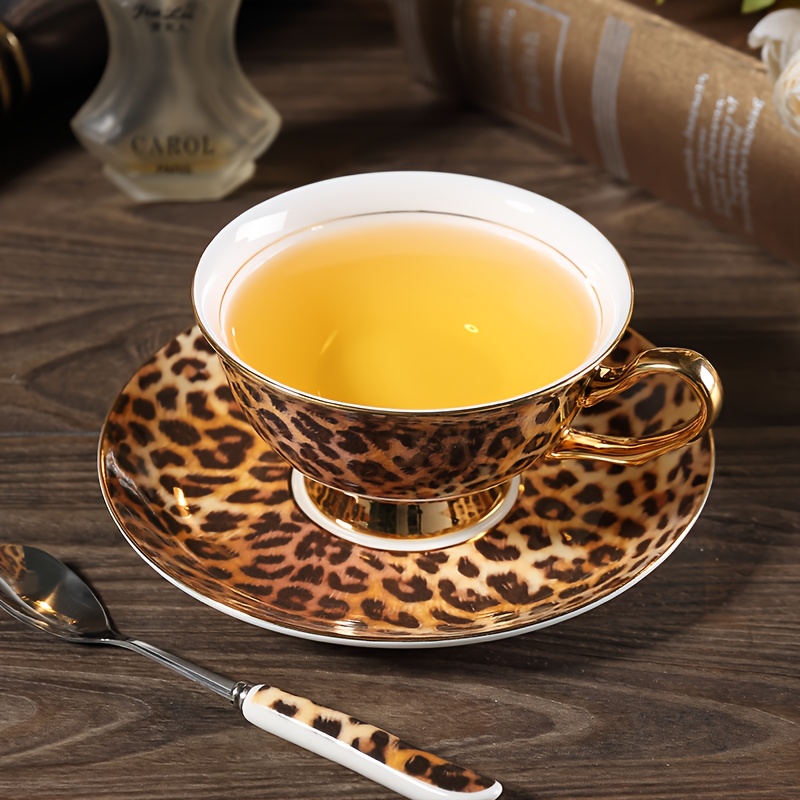 

Luxury Vintage Golden-trimmed Bone China Coffee Cup Set With Saucer And Spoon - Leopard Print, 7oz - Tea & Holiday