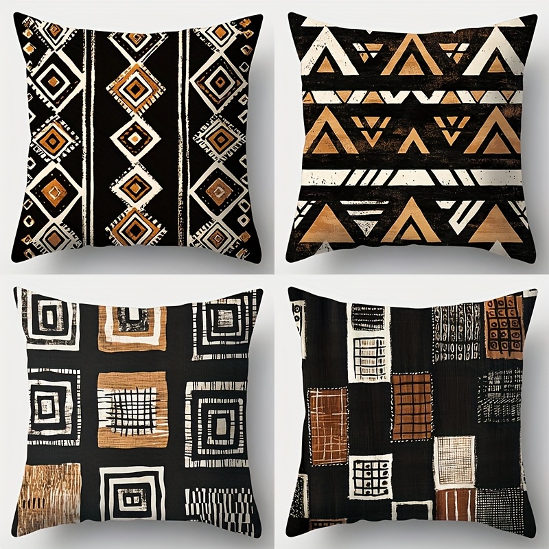 TEMU 4 housses d'oreiller avec imprimé tribal africain et motif géométrique - Style contemporain, polyester lavable en machine, fermeture à glissière