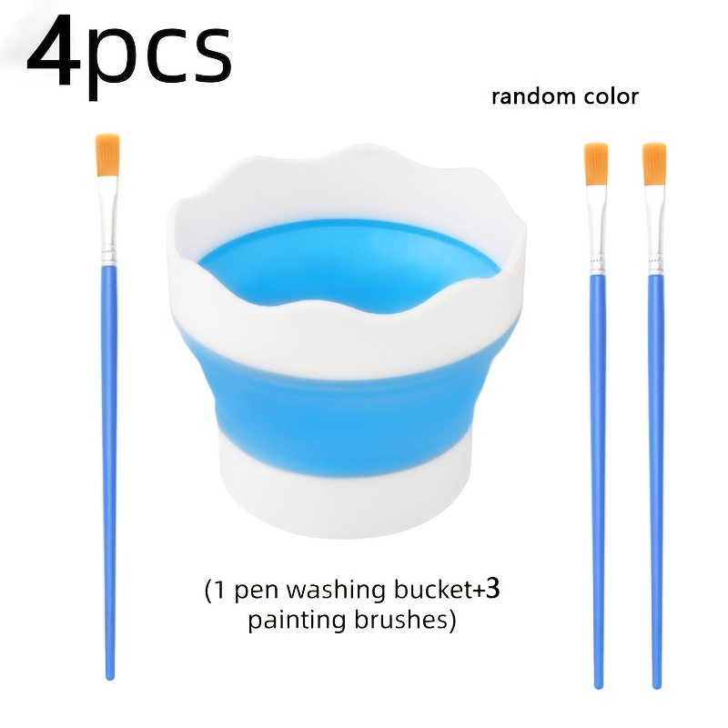 TEMU 4pcs Rubber Water Brush Cup And Painting Brush Set, 1 Bucket And 3 Brushes | Compact, Universal, Soft And Durable, Easy To Clean, Suitable For