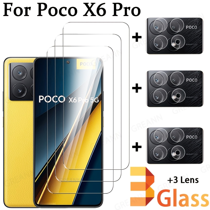 TEMU Paquete de (3+3) protectores de pantalla de cobertura total para Poco X6 Pro, vidrio templado para Poco X6 Pro, película para lente de Poco X6