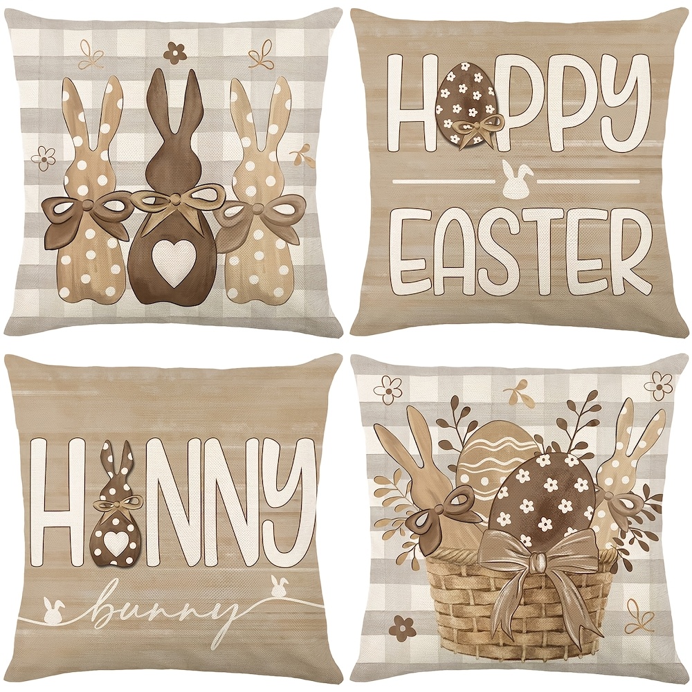 

4pcs Easter Bunny Pillow Covers, 18x18 Inch, Contemporary Style, Polyester, Zipper Closure, Machine Washable, Woven Texture, Decorative Cushion Cases For Room Types, Decor (stuffing Not Included)