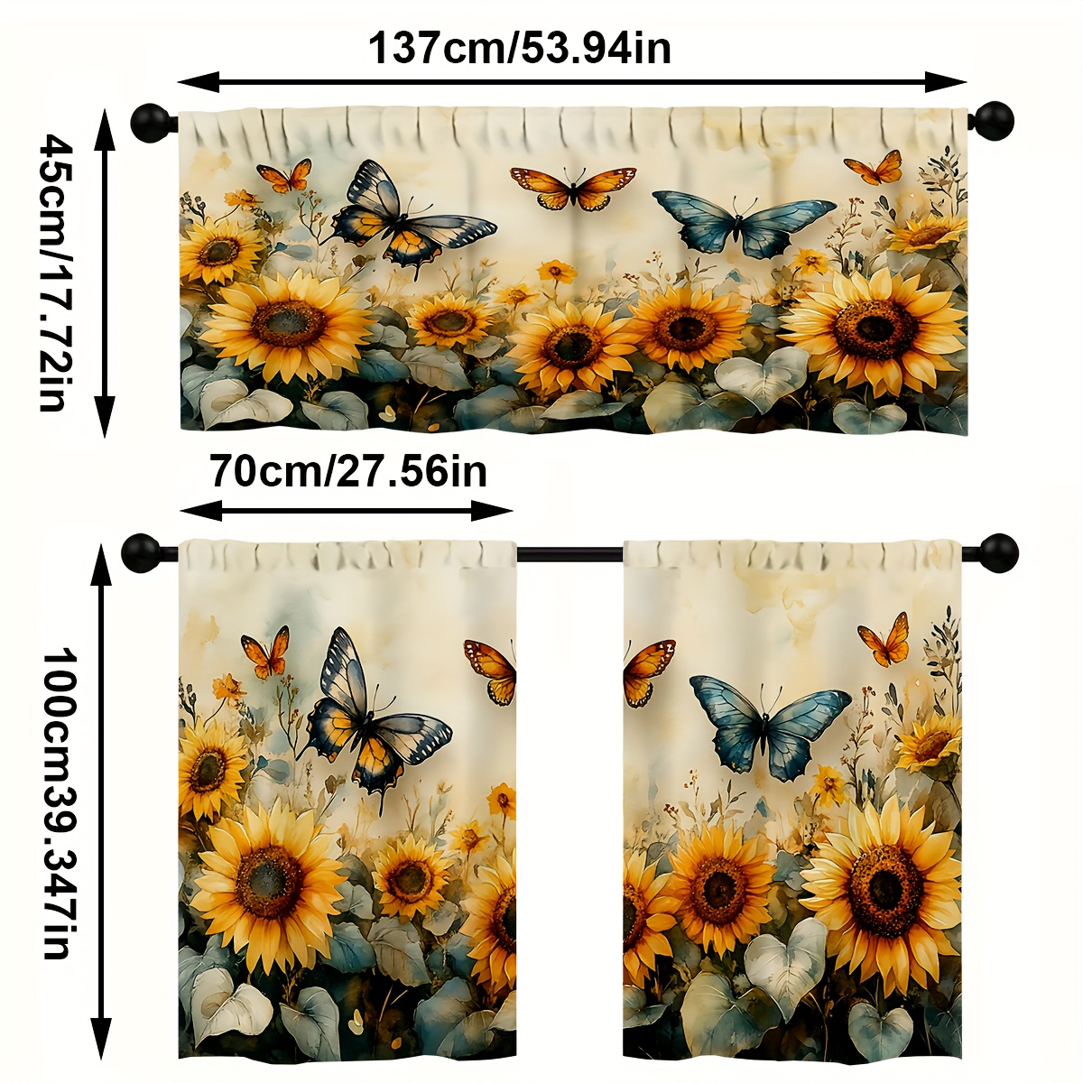 TEMU Ensemble de rideaux de cuisine 3 pièces, ensemble de rideaux à imprimé motif papillon rétro, rideau à poche pour tringle, traitement de fenêtre