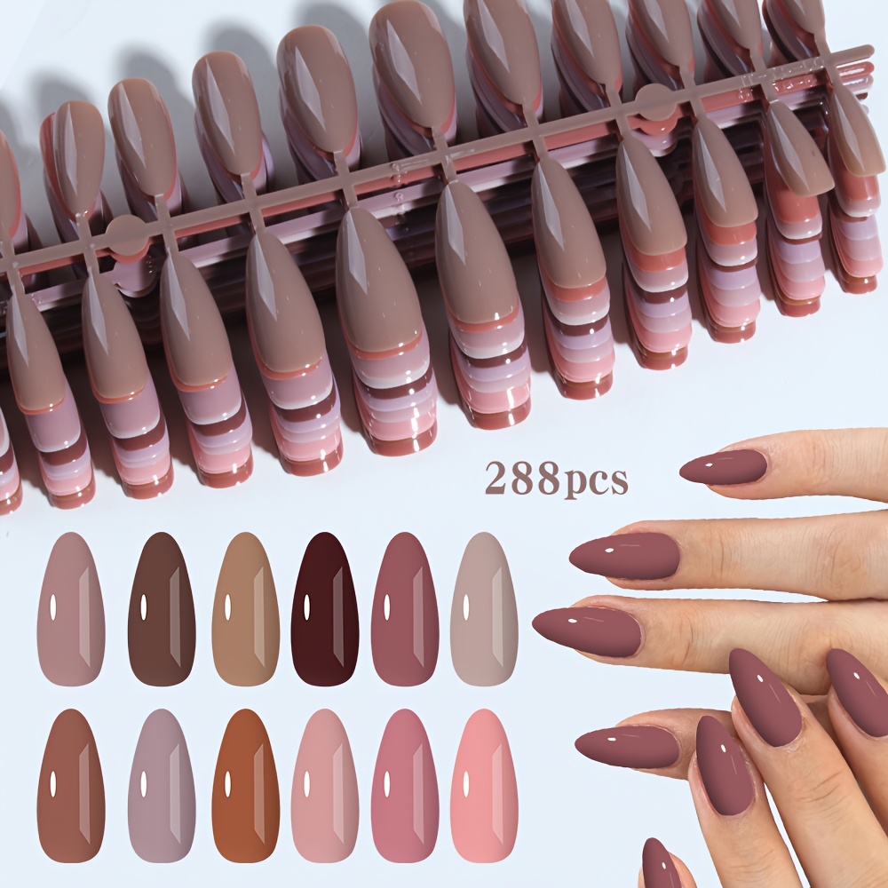 Image of 288pcs Long Almond Wine Red Pink Glossy False Nails To Give A New Look. Acrylic Press-on Nails Fit Perfectly With False Nails, Easy-to-wear Nails Make Your Fingertips , Perfect For Parties