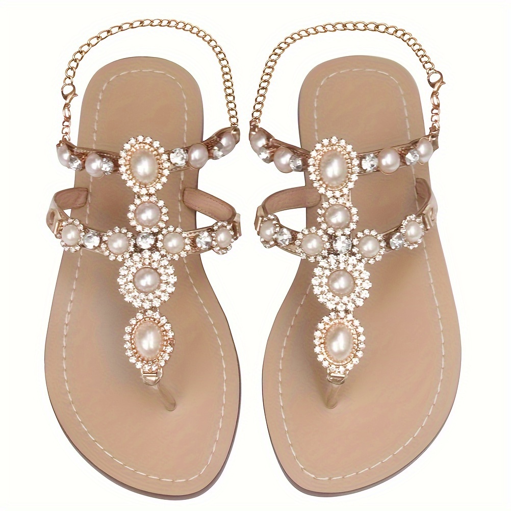 

Flat Sandals For Women Bohemia Style Pearls Rhinestone Jeweled T-strap Sandals Flip Flops For Beach Oceanside Outdoor Summer Shoes
