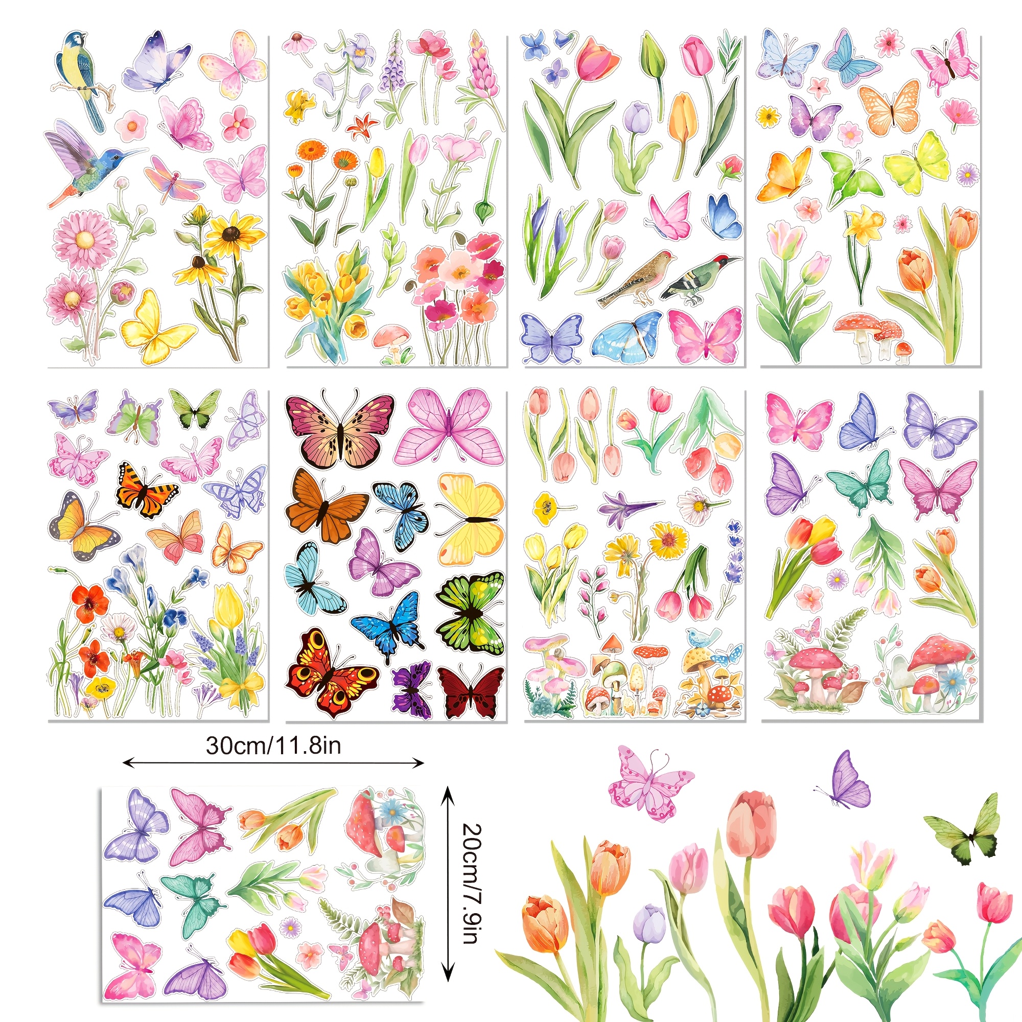 E-shop 8er-Pack statische Fensteraufkleber – Schmetterlinge & Blumen PVC-Dekore, statische Haftung für Glastüren, Spiegel, Party-Deko, abziehbare