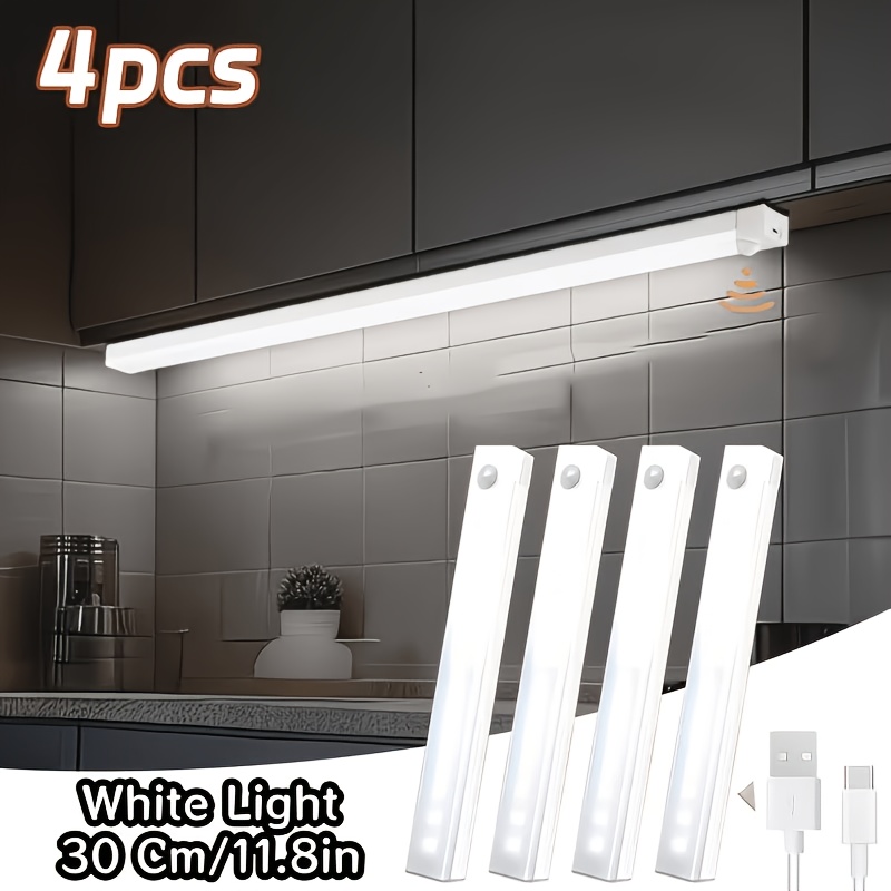 품목 사진 4개 스마트 모션 센서 led 캐비닛 조명 세트, 마그네틱 usb 충전식, 주방, 옷장, 계단, 조리대, 복도, 가정용 야간 조명에 적합, 밝기 조절 가능