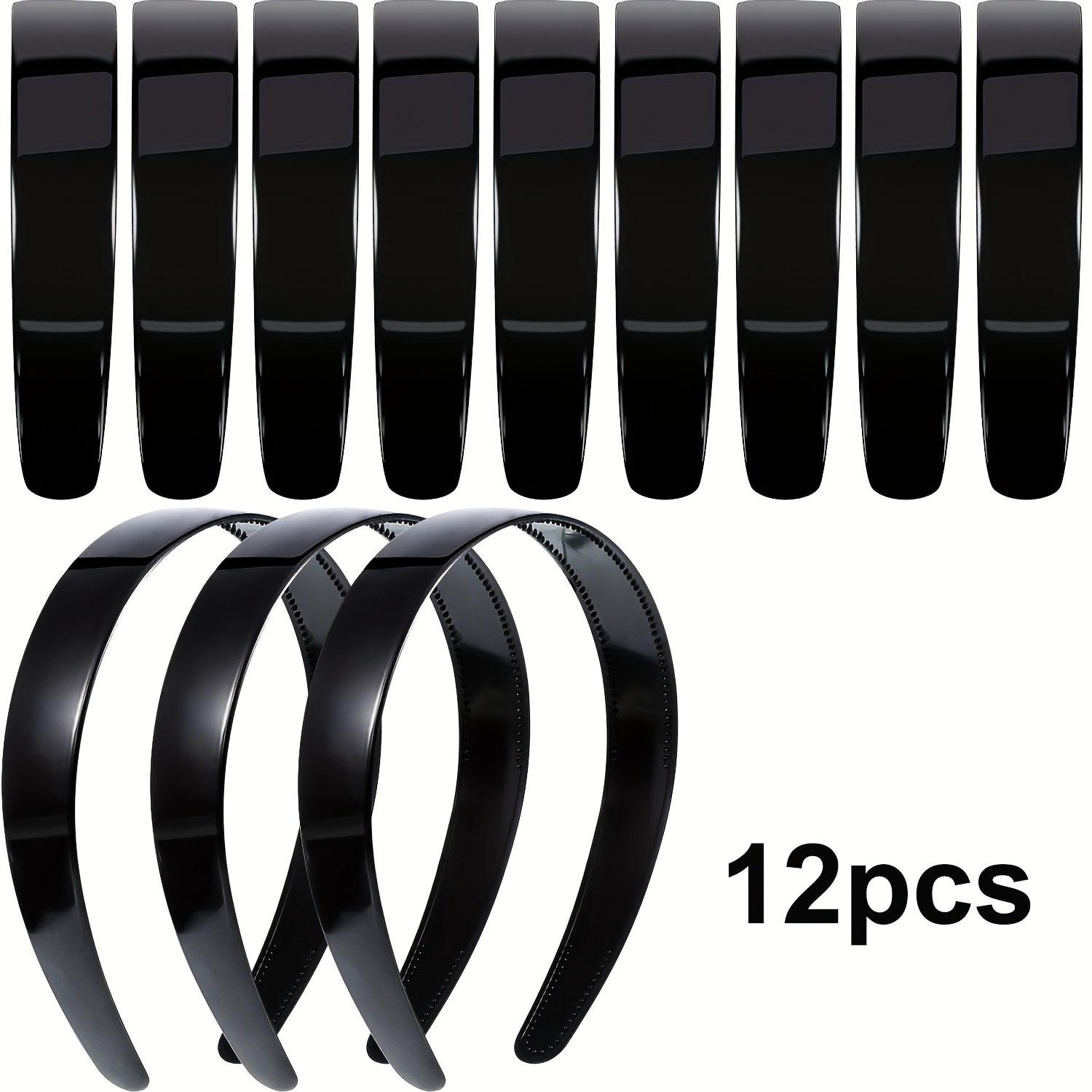 TEMU 12pcs 1 Inch Black Plastic Headbands With Teeth For Women | Plain Hairbands Suitable For Projects, Ideal For Christmas And Halloween Styling,