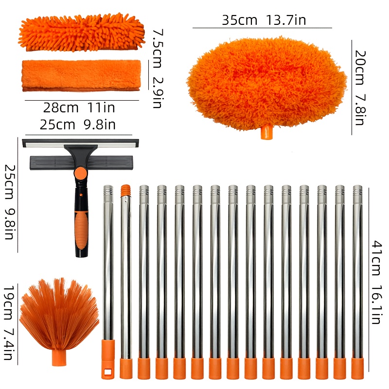 TEMU Kit de nettoyage de fenêtre extensible de 6M, manche d'extension en 15 sections avec raclette à verre, plume en microfibre et brosse à araignées