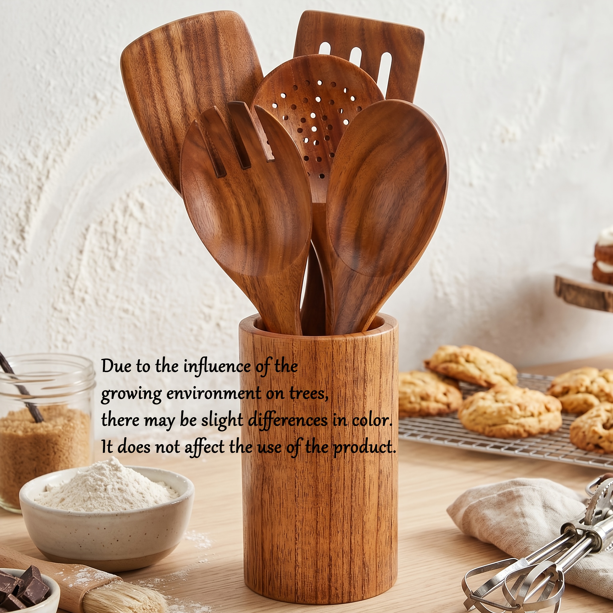 Image of 6pcs Aiuhi Wood Spoons Suitable For Cooking With Holder - Utensils, Multipurpose Spoons For Stirring, Mixing, Serving, Wooden Cooking Tools With Storage Holder For, Gifts ()