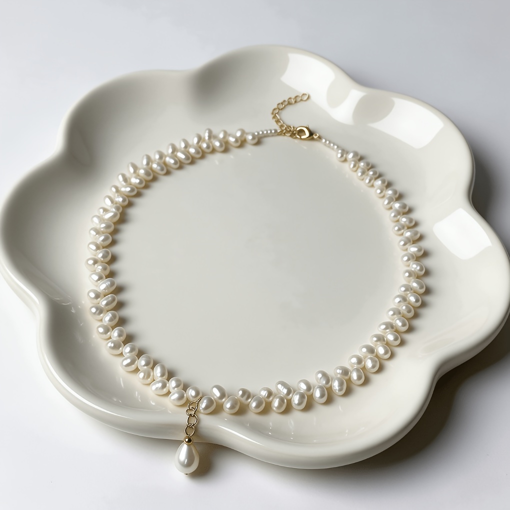 Women's 14K Gold Plated Handwoven Pearl Necklace, Baroque Design
