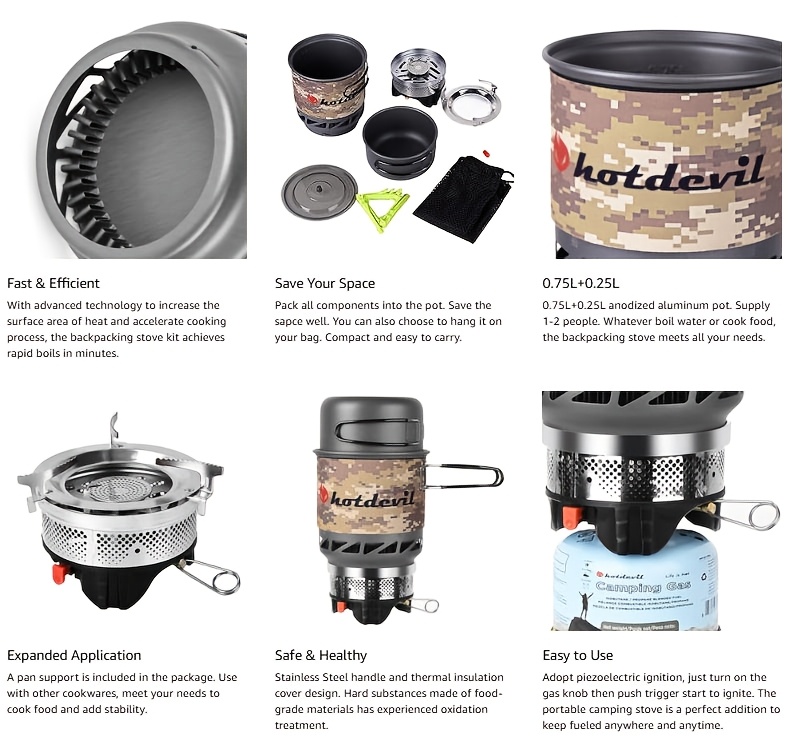 0 75 0 25l portable backpacking camping stove cooking system outdoor propane burner with     pot and metal holder camp stove kit ideal for hiking fishing hunting and emergency Product details 2