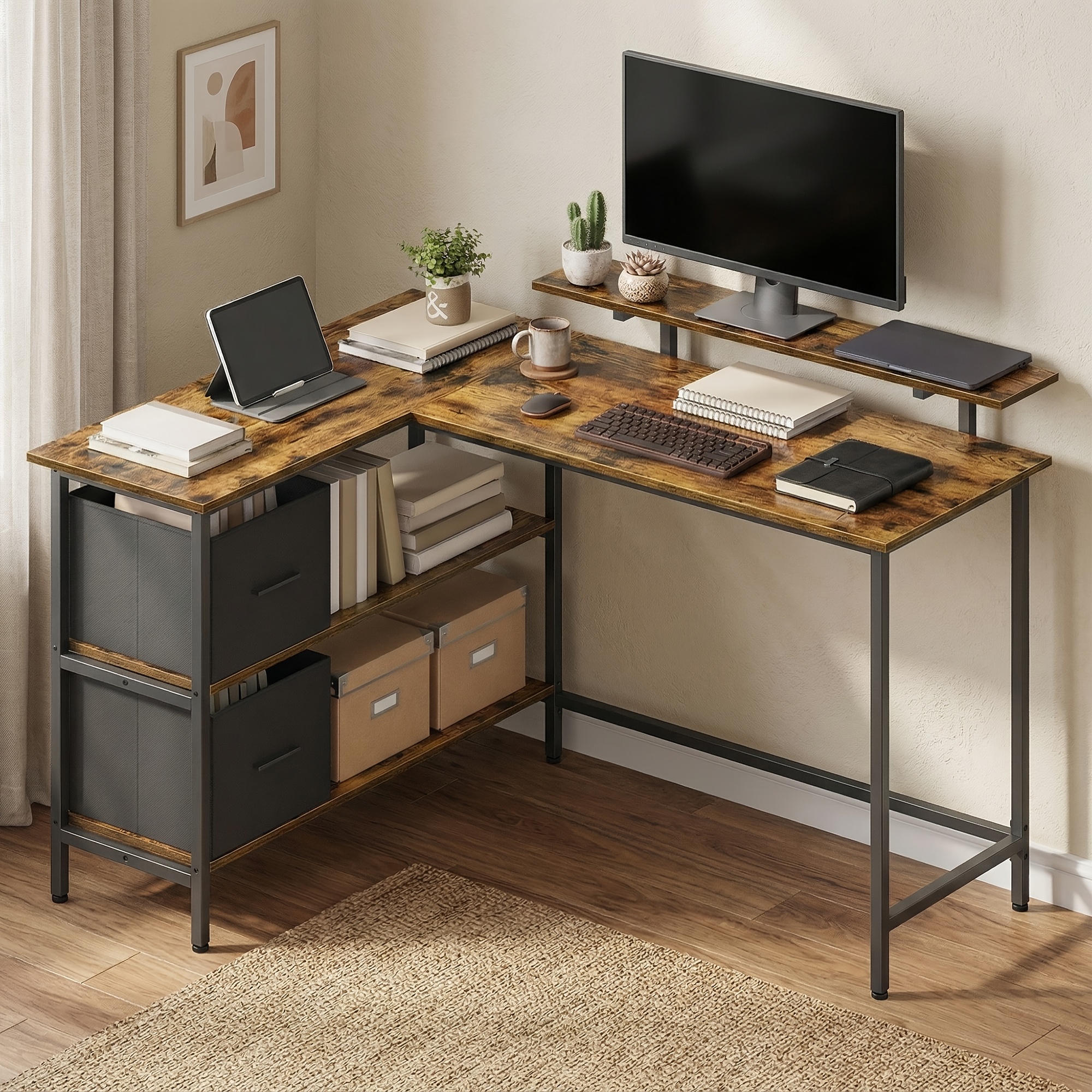 Image of L-shaped Desk, 2 Spacious Drawers, Computer Desk With Monitor Stand, Desk In , Gaming Desk With Adjustable Shelf