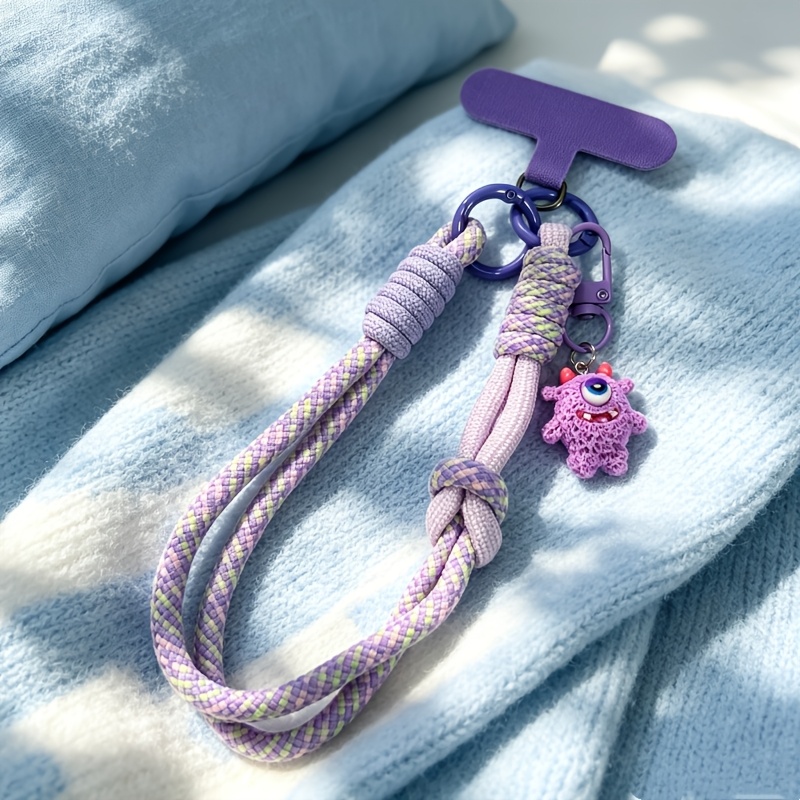 TEMU 1pc Dopamine Color Velvet Texture Monster Pendant Woven Double-tone Phone Lanyard, Anti-loss Hand Carry Wrist Strap, Thickened Wear-resistant